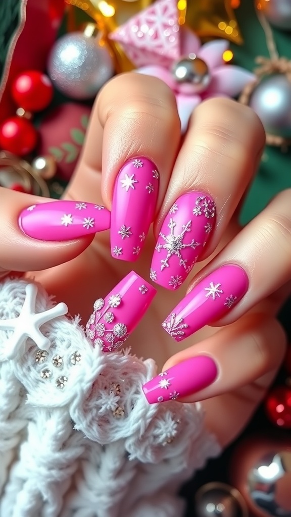 Y2K pink Christmas nails with snowflakes and glitter on a festive background.